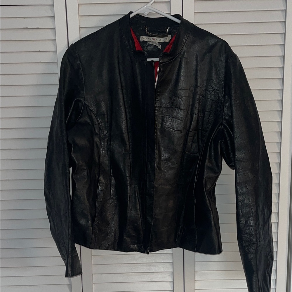 Tommy Hilfiger Black Leather Women's Jacket red lining size XL